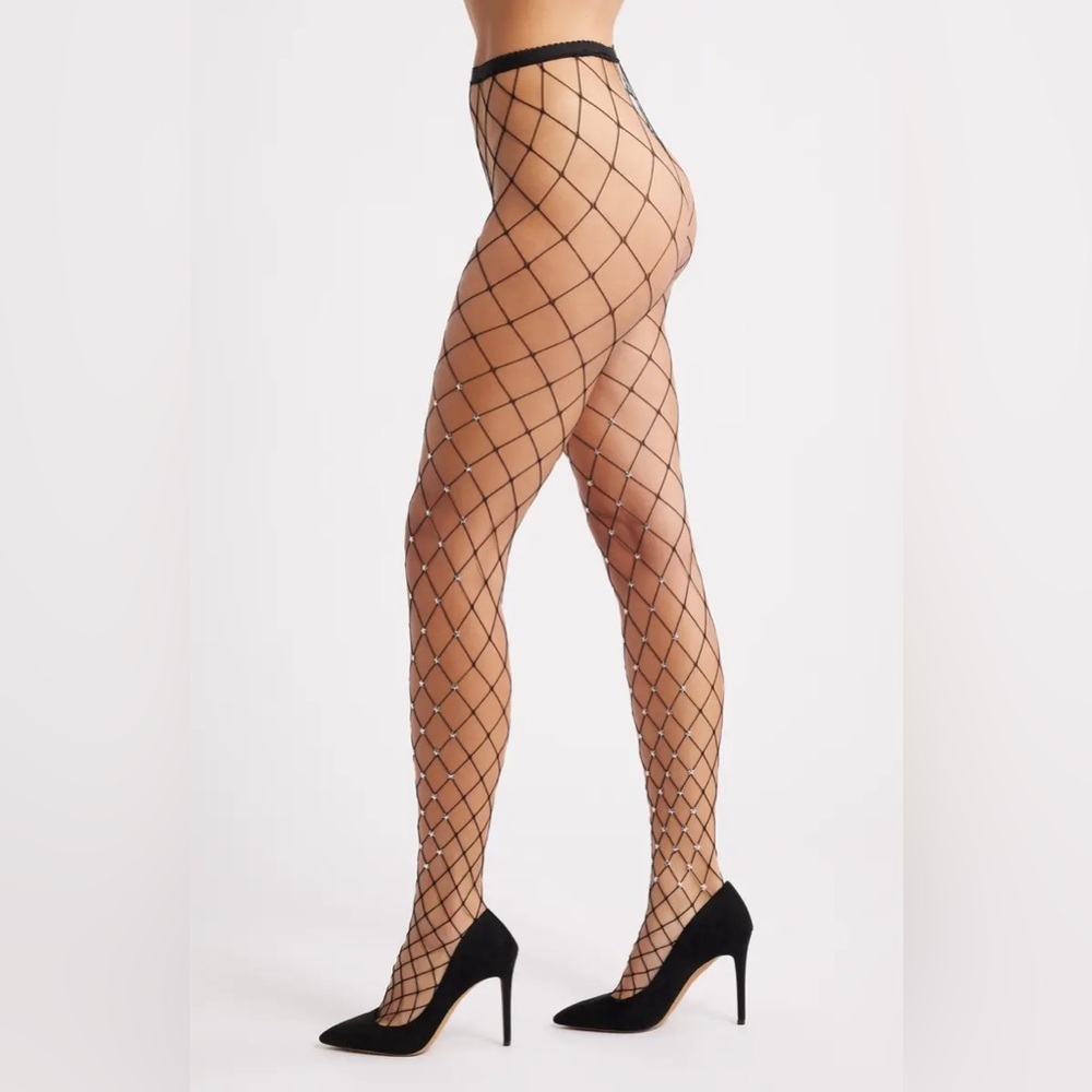 High Heel Jungle Star Struck Fishnet Tights OS Black with Silver stars - Picture 1 of 9